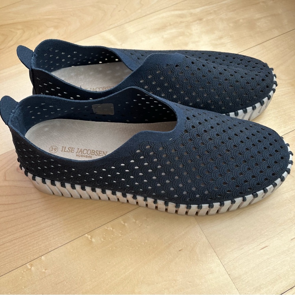 Ilse Jacobsen Navy Perforated Slip-On Espadrille with White Sole